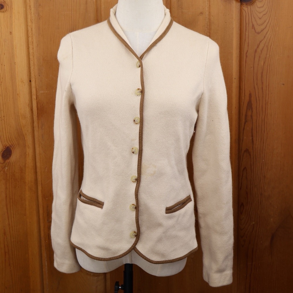 Vtg Lauren Ralph Lauren Womens L Merino Wool Cardigan Blazer Cream Brown Trim